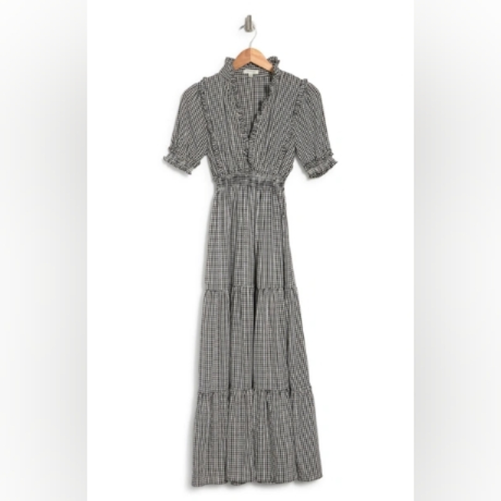 MAX STUDIO• Black Cream Check Gingham High Neck Ruffle Tiered Maxi Dress• MEDIUM